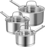MICHELANGELO Saucepan Set 3 Sizes, Stainless Steel Sauce Pan 1+2+3qt, Silver