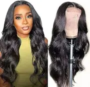 Lace Front Wig Synthetic Hair Pre Plucked Wavy Lace Front Synthetic Hair Wig for Black Women Girls Transparent Lace Frontal Wigs with Natural Hairline (24 inch, Black)