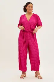 Pink Wide Leg Jumpsuit Plisse Short Sleeve