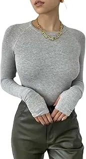 [TouKingda] Women's Long Sleeve Bodysuit, Ribbed Solid Crew Neck Body Suits Leotard Undershirt, Slim Fit Casual Leotard Tops, Stretchy Basic Jumpsuit One Piece Bodysuits with Snap Closure Soft Going Out Leotards