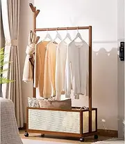 Bamboo Clothing Rack, Freestanding Clothes Hat Hanger Stand with Storage Basket and 360° Rotating Wheels Garment Rack with 6 Hooks for Living Room Bedroom Hallway Entryway,B,80cm