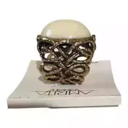 Amrita Singh Large White Jade Cabochon Open Work Filigree Antique Gold Ring