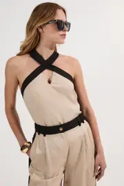 Petite Contrast Linen Halter Neck Woven Top