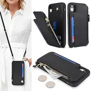Cavor for iPhone XR Phone Case Vertical Flip Cover for iPhoneXr Crossbody Leather Wallet Credit Card Slots with Kickstand Zipper Shoulder Strap for Women-Long Laryard Black