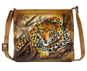 ANUSCHKA Leather Hand Painted Crossbody Organizer Bag~ Green Eye African Leopard