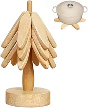 Wooden Trivets Set, Kitchen Hot Pads Table Mat Coasters, 3 Wooden Trivet Mats and 1 Stand, Tree Shape Trivet Set for Kitchen, Pots, Bowls, Teapots, and Hot Pots