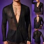 4) Nightclub Tops for Men Sexy Stylish Mesh Button Shirt with Long Sleeves