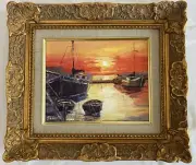 Original Impressionist Oil Painting - Boats at Sunset - Ornate Gold Frame