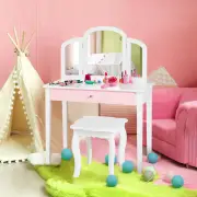 CostwayKids Makeup Table Stool Set with Tri-folding Mirror for Bedroom-White