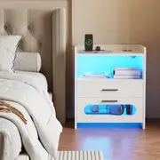 Advwin Bedside Table 2 Drawers Nightstand RGB LED Side Table with Wireless Charging Station and USB port White