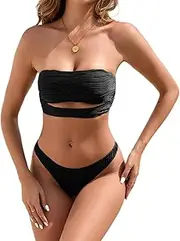 [Charfille] Women's Strapless Bikini Cut Out Wave Textured 2 Pieces Thong High Cut Cheeky Bandeau Bikini Swimsuit