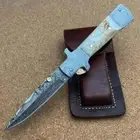 Damascus Steel Folding 8.5" Pocket Knife with Leather Sheath Collectible