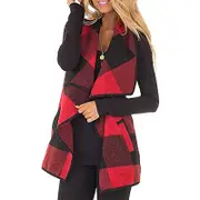 Nevenka Womens Casual Lapel Open Front Plaid Vest Cardigan with Pockets-Red