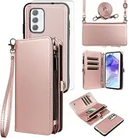 [Asuwish] Mobile Phone Case for Samsung Galaxy A55 5G Case with Strap Film Protective Film Card Slot Foldable Leather Flowers Wallet Stand A 55 55A A555G Zip Cases Protective Phone Case Rose Gold