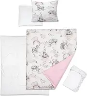5 Piece Baby Bedding Duvet Pillow with Covers & Jersey Sheet fits 95x65cm Travel Cot (Pink Elephants)