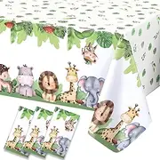FLUBARE 3Pack Jungle Safari Tablecloths Plastic Disposable Table Covers for Rectangle Tables,Sage Green Baby Shower Decorations Woodland Neutral Birthday Party Supplies for Boys Kids 108×54 Inch