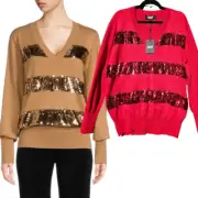 DKNY Red V Neck Sequin Blouson Christmas Sweater NWT Large