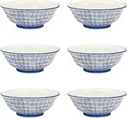 Nicola Spring Serving Bowls - Navy - 20cm - Pack of 6 - Hand Printed Porcelain Patterned Dish Bowls for Pasta, Noodles, Salad, Ice Cream Dessert, Snacks