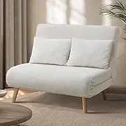 OIKITURE 2-Seater Lounge Chair Sofa, Double Folding Sofa Chair with Thick Padding, Multi-Functional Furniture Sofa Chair Flat Bed for Livingroom Apartment Office Study, White