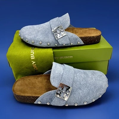 Tory Burch Women's Mellow Silver Stud Mule/Blue Cloud Denim Suede/Cork Sz 8 NIB
