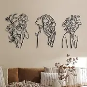 [Photect] 3 Pieces Metal Wall Art Decor Minimalist Abstract Woman Modern Line Drawing Female Single Home Hanging for Bedroom Kitchen Bathroom Living Room (Black, Elegant)
