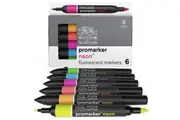 6pc Winsor & Newton Dual Tip Nib NeonMarker Art Drawing Colouring Marker Set