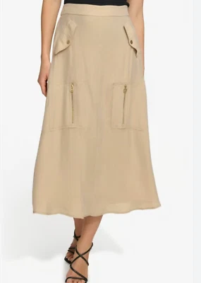 NEW DKNY Womens L Drapey Organza Zip Pocket Cargo Midi Skirt Sandalwood Camel