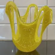 Art Glass Yellow Specked Pulled Taffy Retro Glass Vase Holes MCM Murano Inspired