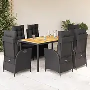 7 Piece Garden Dining Set with Cushions Black Poly Rattan Patio Bar Sets