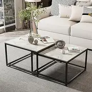 Coffee Table Nesting Sintered Stone: Square Nest Square Coffee Table White Marble Table Top L-65x65x40 S-60x60x36 Nests of Tables with Black Metal Legs Living Room Home Sofa Furniture Decor