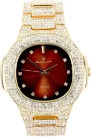 Men Iced Oblong Watch Bling Rapper Lab Simulate Diamond Gold Band Luxury Brown
