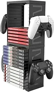 Video Game Storage Tower for PS5 PS4 Xbox Nintendo Switch Games, Universal Video Games Discs Organizers 24 PCS with 4 Controllers Holder, Game Disk Box Stand Rack Accessories