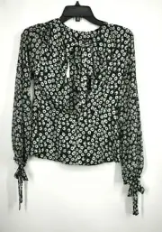 Topshop Womens Floral Print Sheer Sleeve Blouse Jewel Neck Tied Cuff Back Zip 2
