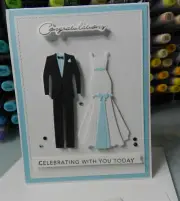 Handmade Wedding Card Bride Groom Black White Ocean Blue Tux Gown