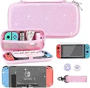 RHOTALL Glitter Pink Carrying Case for Nintendo Switch, Hard Portable Travel Case for Switch Accessories with Clear Glitter Protective Cover, Shoulder Strap, and 2 Thumb Caps