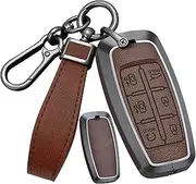 HIBEYO 6 Button Car Fob Cover for Hyundai Genesis GV80 GV90 G70 G80 G90 GV70 Car Accessories Metal &Leather Key Case Holder Protector with Keychains-Brown