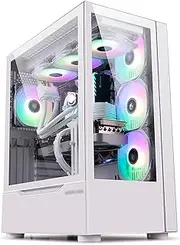 Mid-Tower Gaming Case, Vertical GPU Bracket Desktop Gaming Case Front and Side Dual Tempered Glass Panels(White)