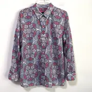 Talbots Blouse Top L Petite Garden Medallion Button Front Long Sleeve Thin NEW
