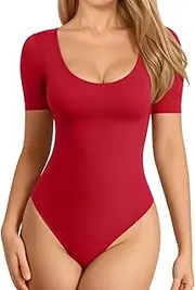[Ｗoowayo] Short Sleeve Bodysuits for Women Scoop Neck Ribbed Body Suit Stretchy Basic T Shirt Tops