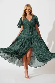 Violet Maxi Dress Short Sleeve in Green Emerald With White Spot 8