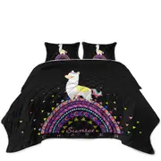 Llama Walking on Colorful Multi Pattern Rainbow Coverlet