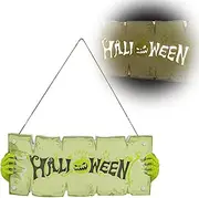 Halloween Door Decor Halloween Hanging Sign for Front Door Decor Halloween Pumpkin Hanging Sign Welcome Sign Wall Plaque for Indoor Outdoor Decor Home Yard Treat or Trick Halloween Party Decor (Cyan)