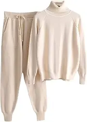 [UIOKLMJH] 2 Pieces Set Women Knitted Tracksuit Turtleneck Sweater + Carrot Jogging Pants Pullover Sweater Set Knitted Outwear