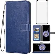 Asuwish Compatible with Samsung Galaxy S9 Plus Wallet Case Tempered Glass Screen Protector Leather Flip Cover Card Holder Stand Cell Accessories Phone Cases for Glaxay S9+ 9S 9+ S 9 9plus S9plus Blue
