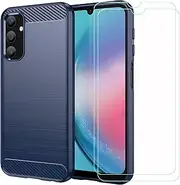 LCEHTOGYE Carbon fiber Cover for Samsung Galaxy A25 5G + 2 Tablets HD Tempered Glass ,Shell TPU Bumper Protective Back Case - Anti-Scratch Screen Protector for Samsung Galaxy A25 5G (6,44")-MFLS - Blue