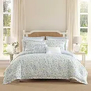 [Laura Ashley] Comforter, Soft Reversible Bedding Set, Includes Matching Bonus Euro Shams & Throw Pillows, Queen, Nora Blue/Yellow/Green/White