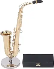 Miniature Alto Saxophone Replica with Stand and Case Gold Plated Instrument Model Ornaments Mini Musical Golden Brass Dollhouse Home Decoration Ornament