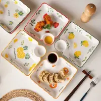 在飛比找樂天市場購物網優惠-大號餃子盤帶醋碟陶瓷分格碟創意日式餐具家用方形水餃盤子托盤