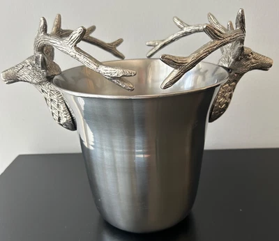 POTTERY BARN Silver Stag Ice Bucket Wine Cooler Champagne Reindeer Heads Holiday