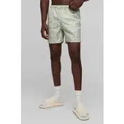 Mens Green Check Stripe Printed Mid Length Swim Short